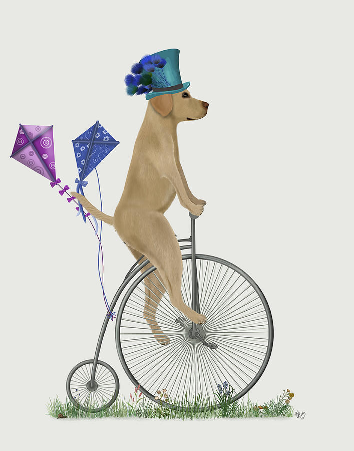 Labrador Yellow On Penny Farthing Painting by Fab Funky
