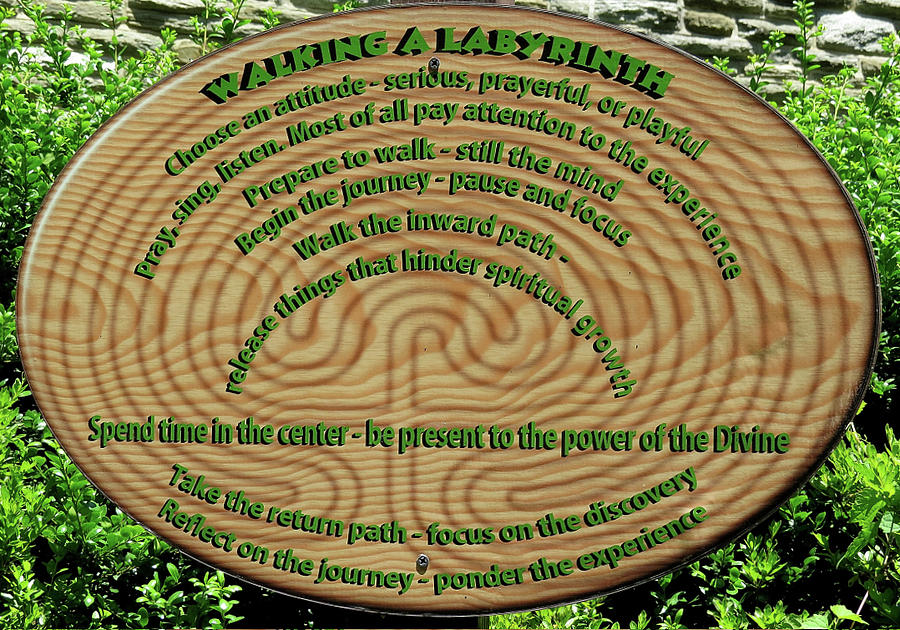 Labyrinth Sign in the Gardens of Calvary Presbyterian Church Photograph by Linda Stern