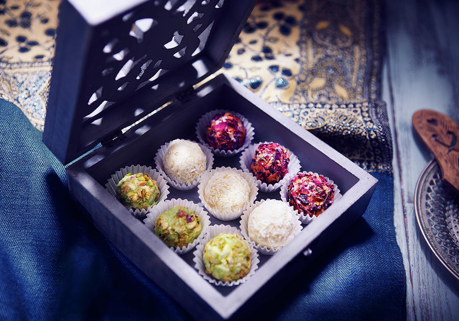 Laddu Box indian Dessert With Roses, Pistachios And Coconut Photograph by Dominik Paunetto