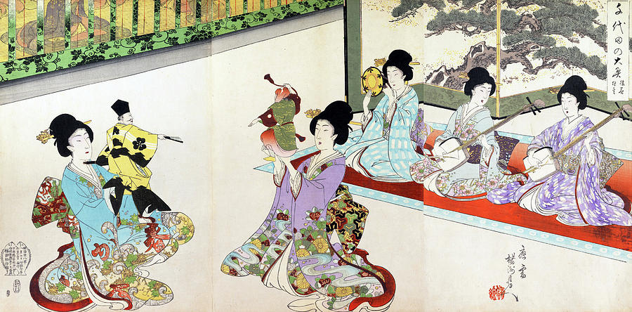 Ladies in Waiting of the Chiyoda Castle: Sword Practice and Puppet Ky?gen Painting by Toyohara Chikanobu