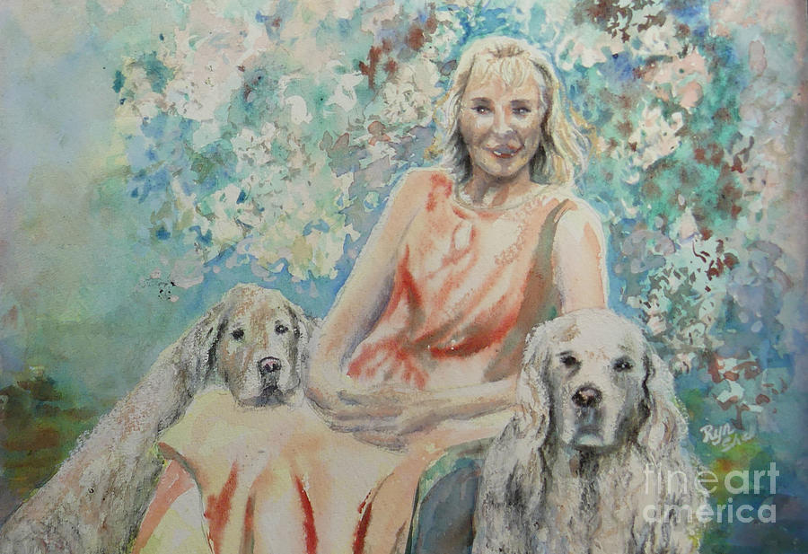 Lady and Dogs in Rose Garden Painting by Ryn Shell