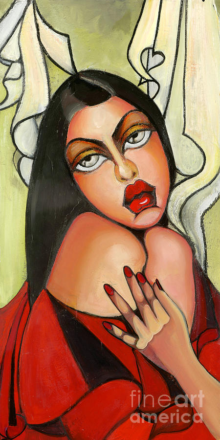Lady in red black hair Painting by Luana Sacchetti