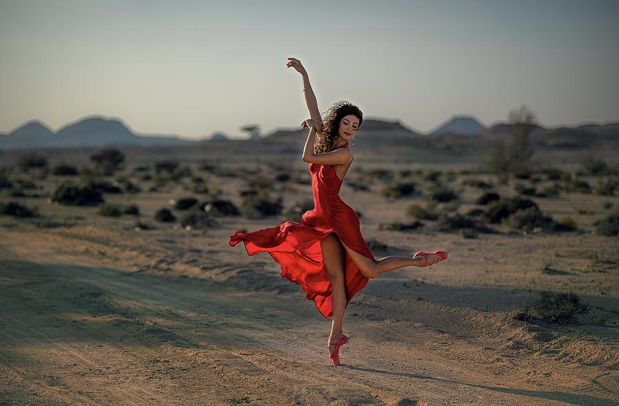 Ballerina Photograph - Lady In Red In The Desert by Waldemar Szmidt