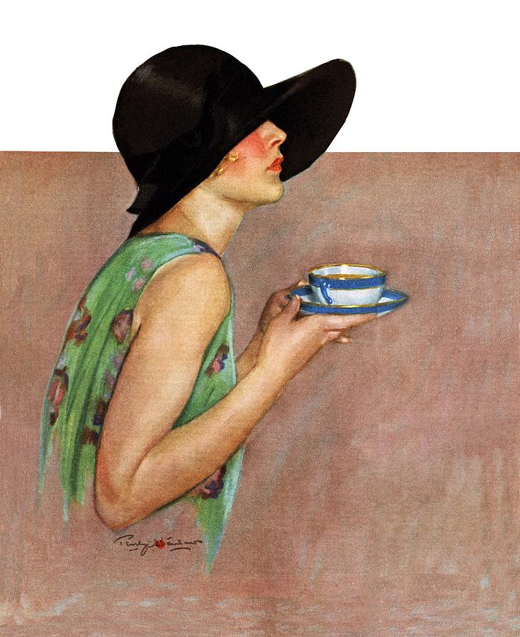 Coffee Drawing - Lady In Wide Brim Hat Holding Tea Cup by Penrhyn Stanlaws