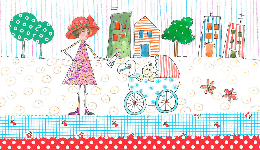 Baby Mixed Media - Lady With Baby In Carriage by Effie Zafiropoulou