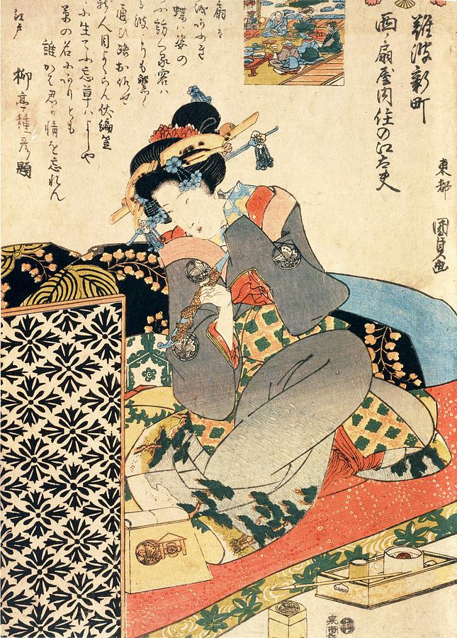 Lady with pipe and tobacco, woodblock print. Painting by Utagawa Kunisada -1786-1865-