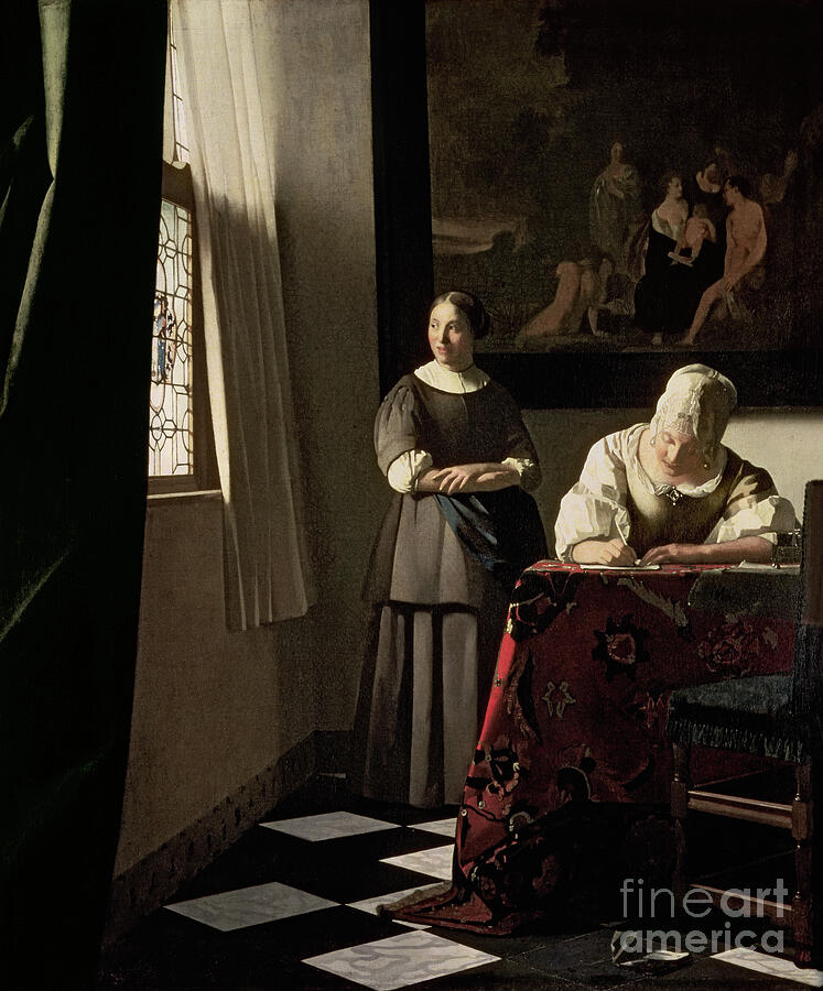 Lady Writing A Letter With Her Maid, C.1670 by Jan Vermeer Painting by Jan Vermeer