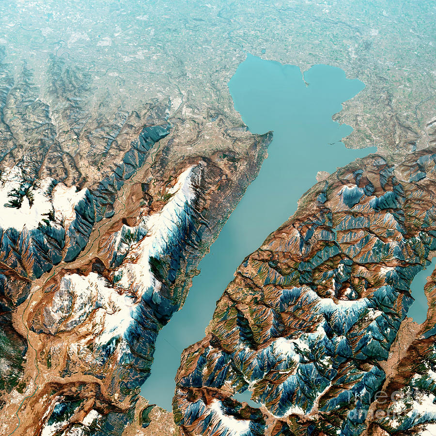 Winter Digital Art - Lago Di Garda 3D Render Aerial Landscape View from North Feb 201 by Frank Ramspott