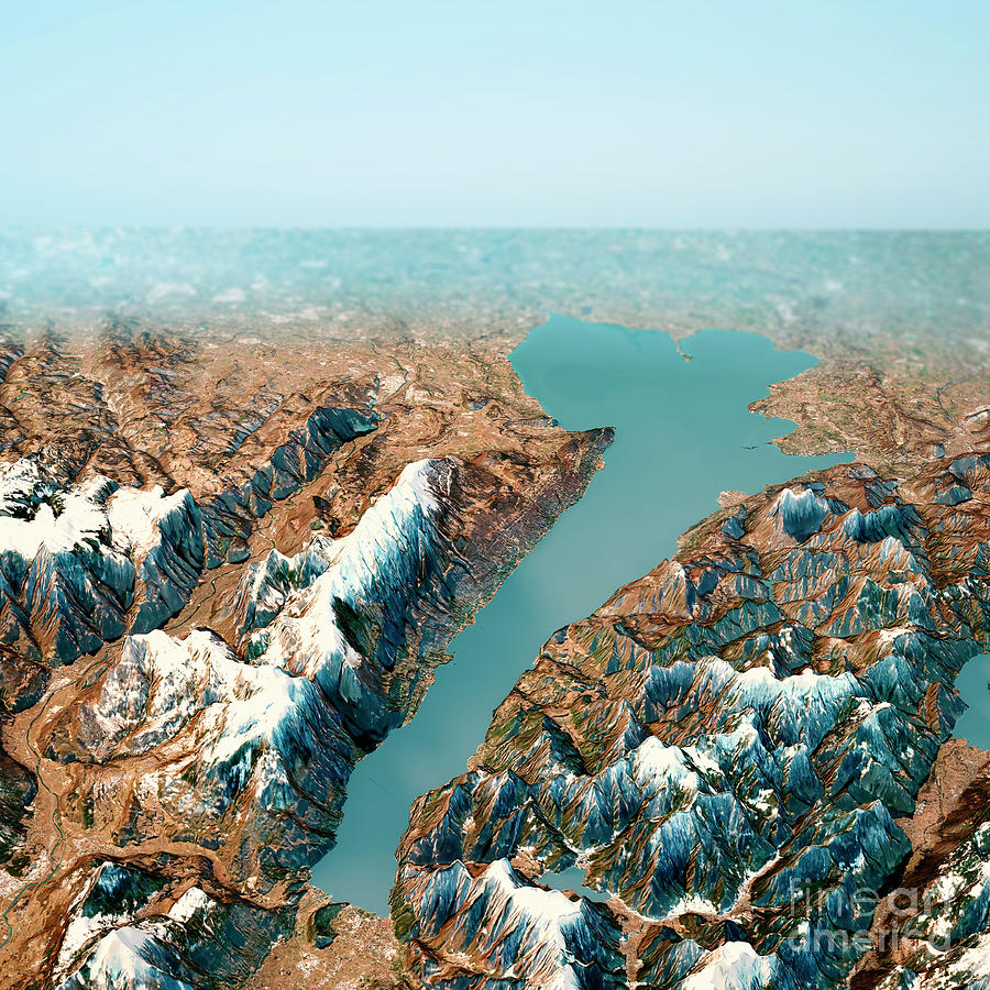 Winter Digital Art - Lago Di Garda 3D Render Horizon Aerial View from North Feb 2019 by Frank Ramspott