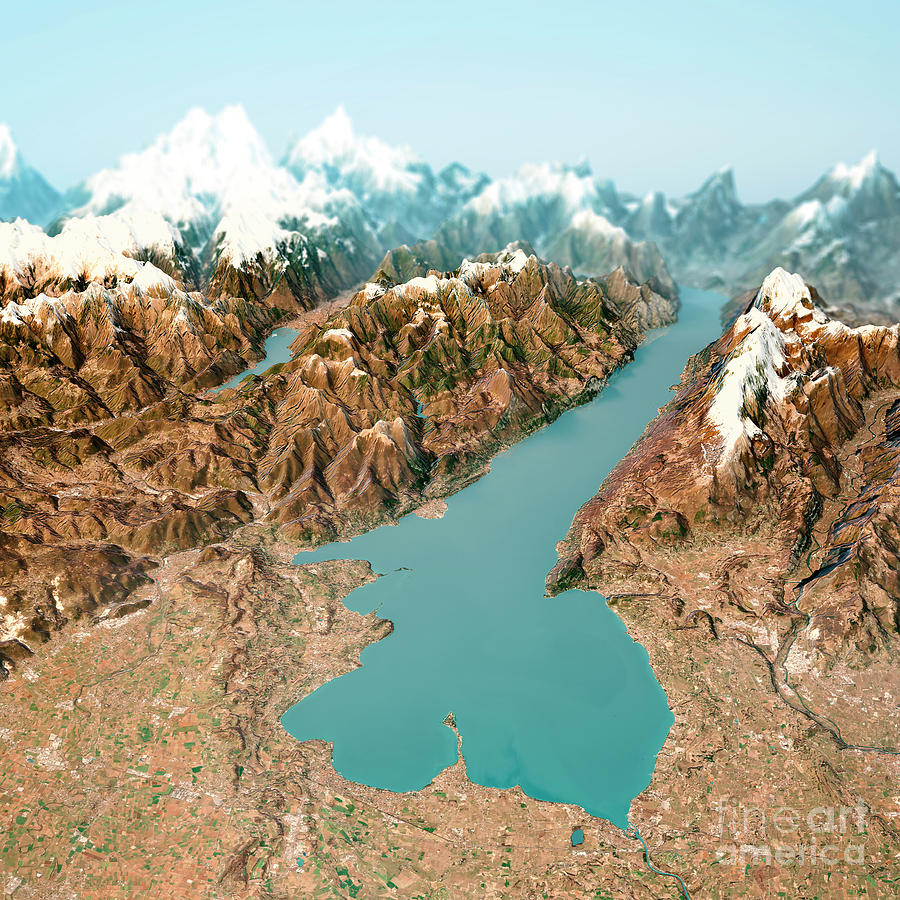 Winter Digital Art - Lago Di Garda 3D Render Horizon Aerial View from South Feb 2019 by Frank Ramspott
