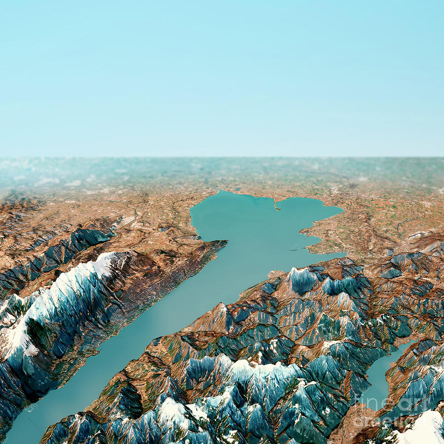 Winter Digital Art - Lago Di Garda 3D Render Horizon Topo View from North Feb 2019 by Frank Ramspott