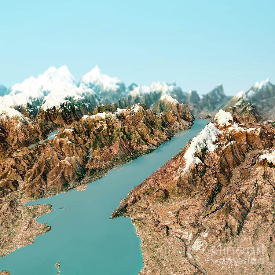 Winter Digital Art - Lago Di Garda 3D Render Horizon Topo View from South Feb 2019 by Frank Ramspott