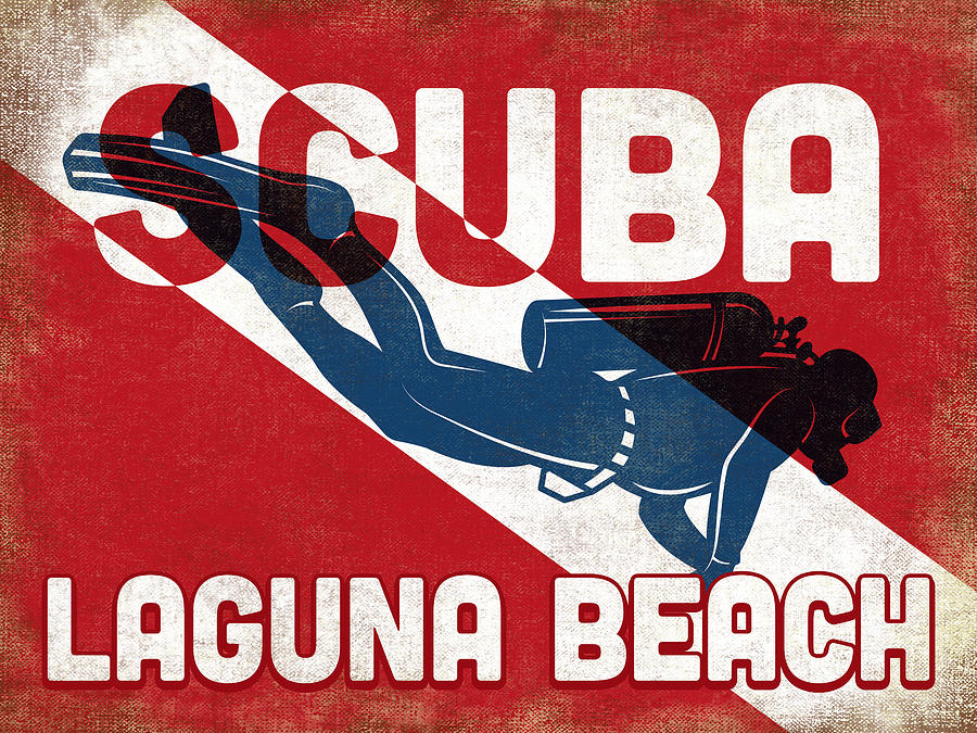 Laguna Beach Digital Art - Laguna Beach Scuba Diver - Blue Retro by Flo Karp Laguna Beach Digital Art - Laguna Beach Scuba Diver - Blue Retro by Flo Karp