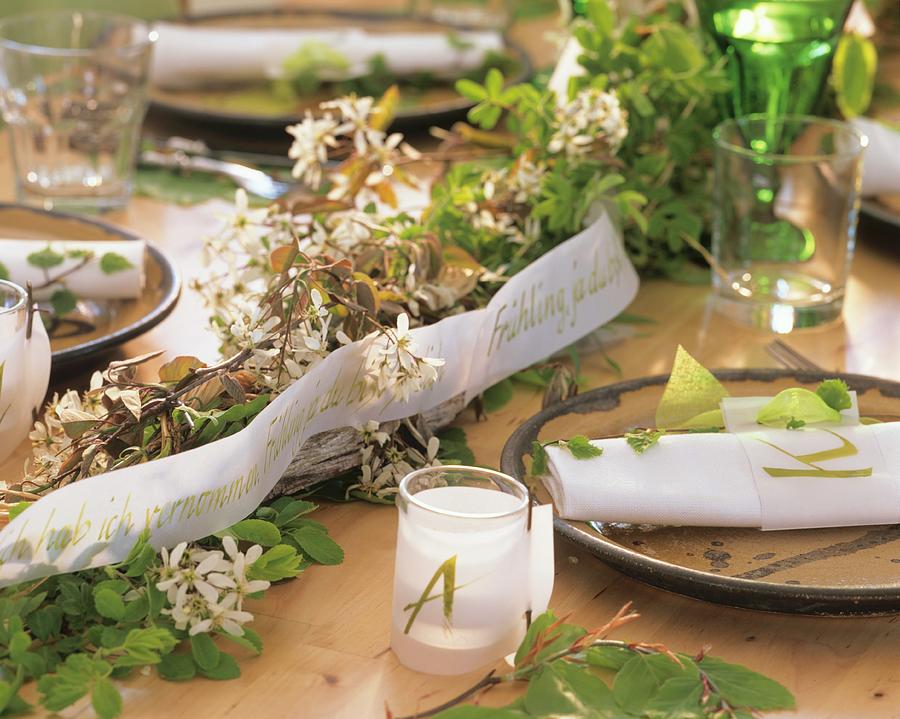 Laid Table With Spring Theme With Flowering Branches & Ribbon Photograph by Strauss, Friedrich