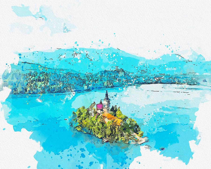 Lake Bled, Slovenia -  watercolor by Ahmet Asar Painting by Celestial Images