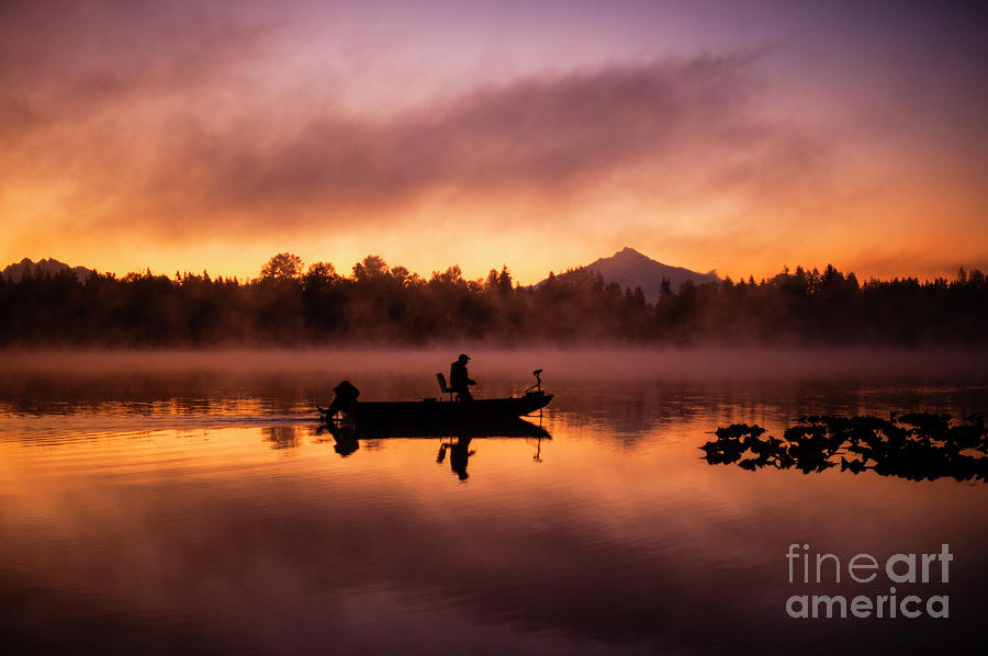 Lake Cassidy Sunrise with Mount Pilchuck and Fisherman Photograph by Jim Corwin