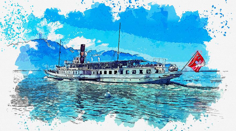 Lake Geneva , Montreux, Switzerland watercolor by Ahmet Asar Painting by Celestial Images