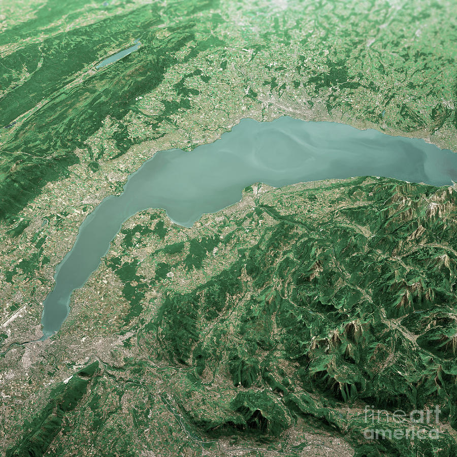 City Digital Art - Lake Geneva 3D Render Aerial Landscape View From South Jun 2019 by Frank Ramspott