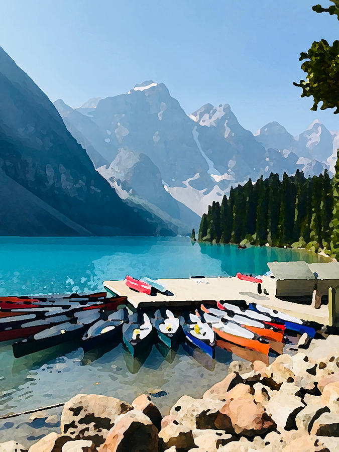 Moraine Lake Canoes Photograph by Tom Johnson