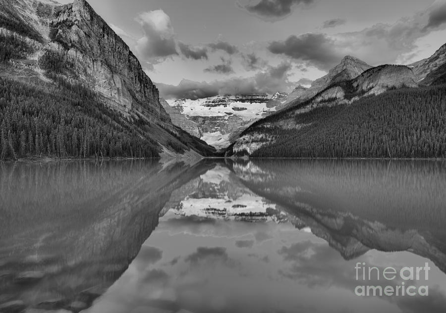 Lake Louise Summer Sunrise Reflections Black And White Photograph by Adam Jewell