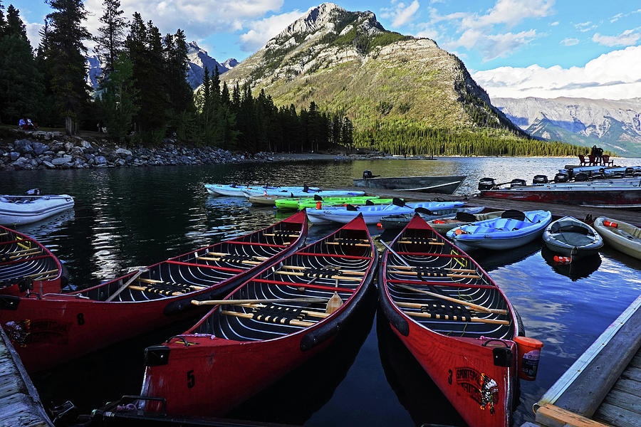 Lake Minnewanka Canoes Banff National Park Alberta Canada Canadian Rockies Photograph by Toby McGuire