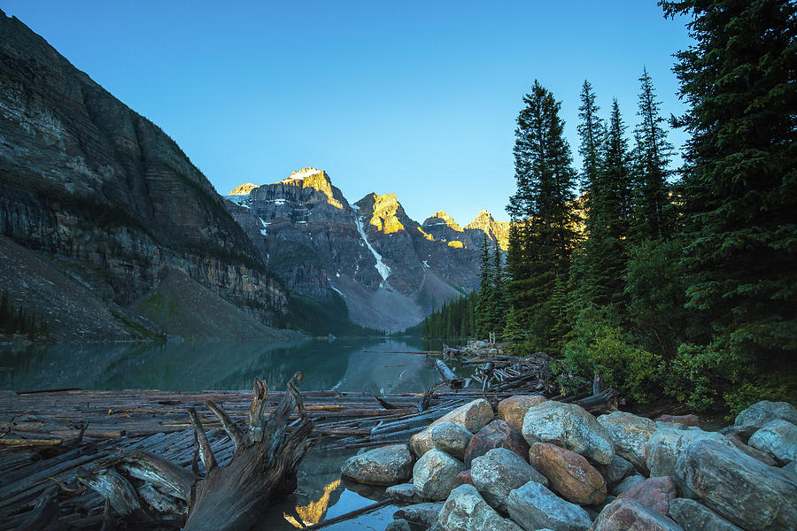 Banff National Park Photograph - Lake Morraine with driftwood and rocks in foreground. by Anthony Cam