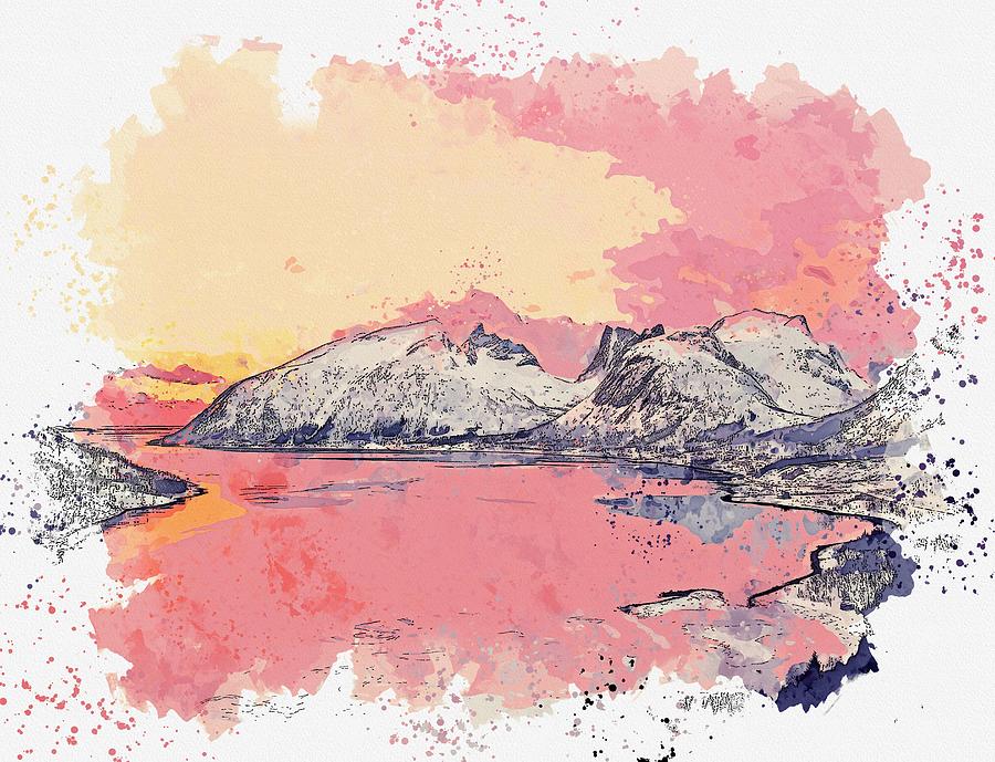 Lake Near Mountains, watercolor by Adam Asar Painting by Celestial Images