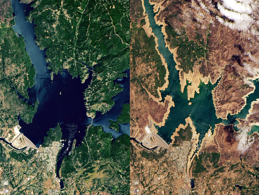 Lake Oroville, 2019 And 2021, Satellite Photograph by Science Source