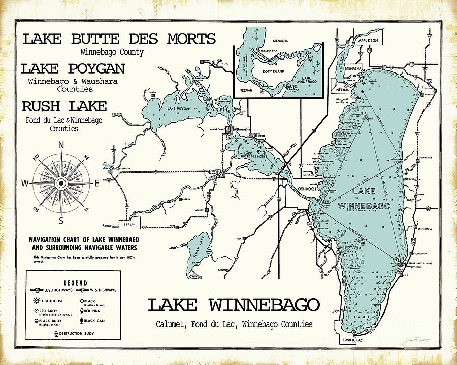 Lake Winnebago Poygan Rush Butte Des Morts Wisconsin Map Digital Art By   Lake Winnebago Poygan Rush Butte Des Morts Wisconsin Map Jean Plout 