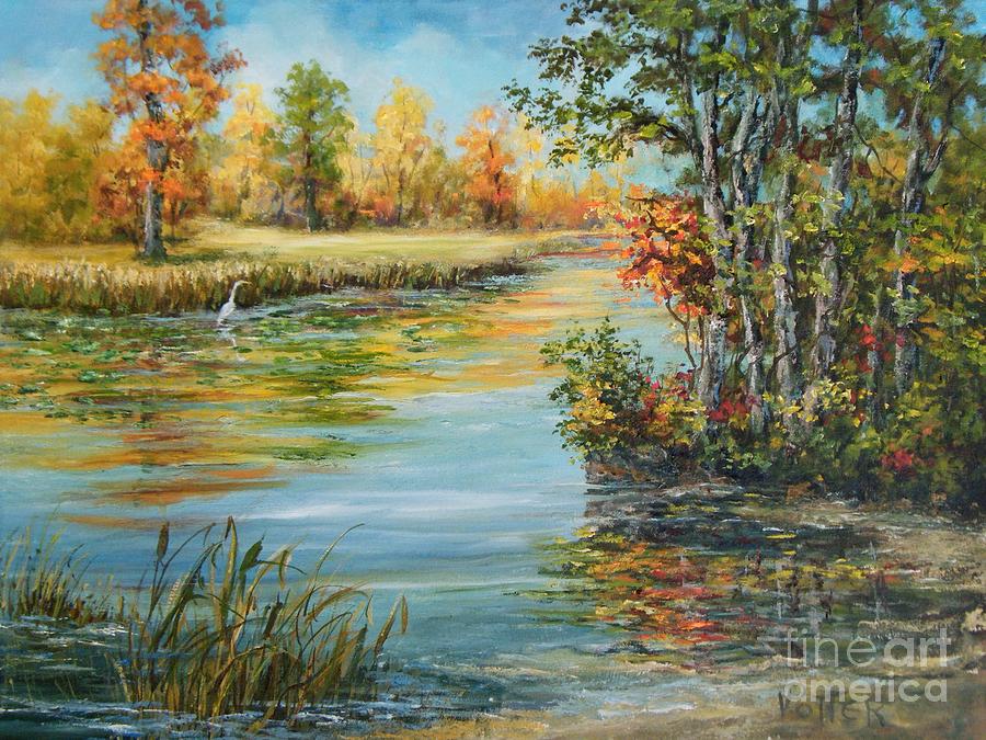 Lake with Heron and Cattails Painting by Virginia Potter