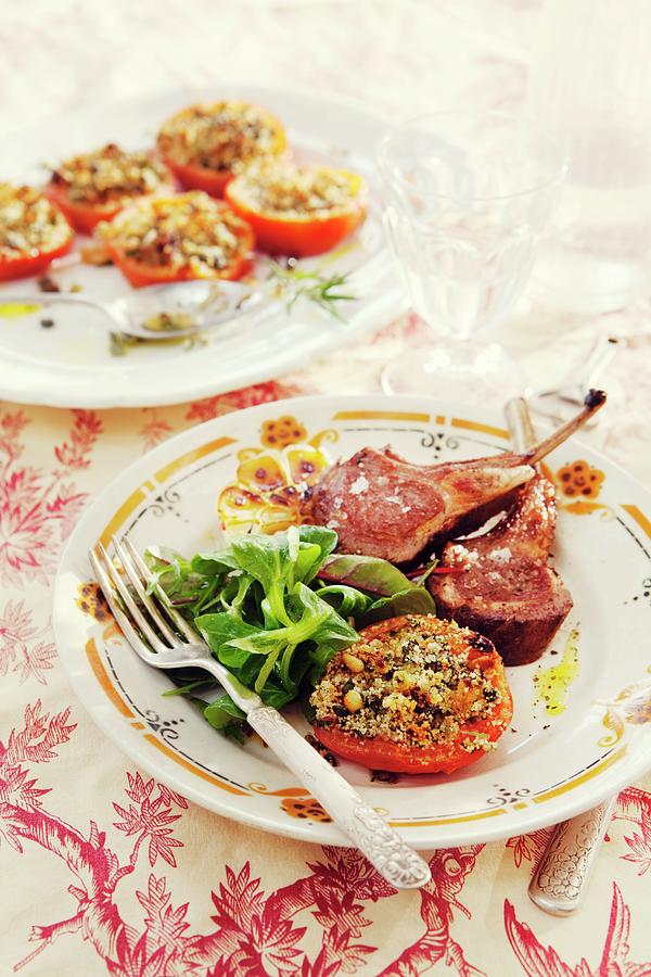 Lamb Chops With Stuffed Tomatoes  La Provenale Served With Lambs Lettuce Photograph by Ulrika Ekblom