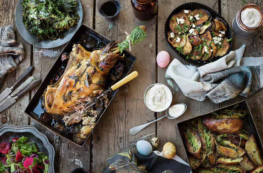 Lamb Leg With Various Side Dishes For Easter top View Photograph by Great Stock!