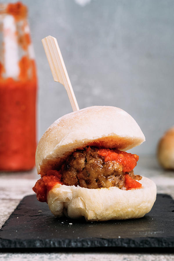 Lamb Meatballs Sliders With A Tomato Sauce Photograph by Adrian Britton