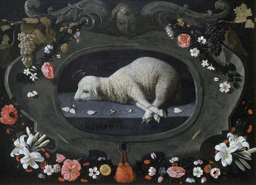 Lamb Of God - Agnus Dei - Following Zurbaran - 1660-1670 - Portuguese Baroque Painting. Painting by Josefa de Obidos -1634-1684-