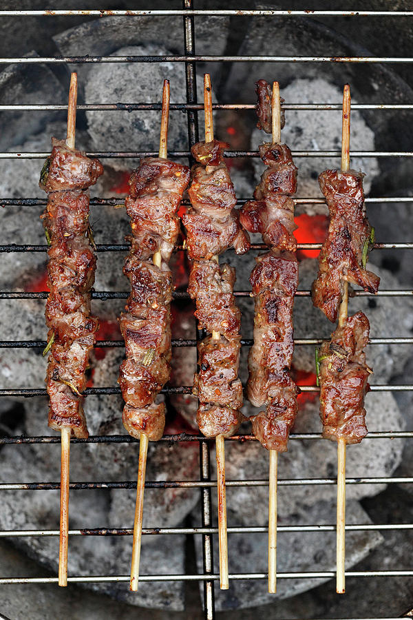 Lamb Skewers On A Barbecue seen From Above Photograph by Petr Gross