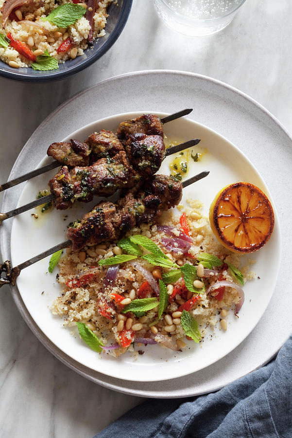 Lamb Skewers With Cauliflower Rice Pilaf Photograph by Louise Hammond