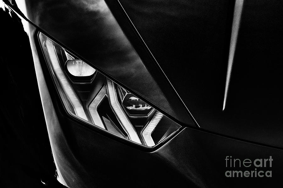 Black And White Photograph - Lamborghini Huracan Headlight Monochrome by Tim Gainey