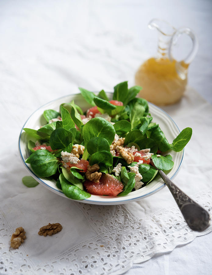 Lambs Lettuce With Blood Orange, Tofu, Walnuts And A Blood Orange, Mustard And Oil Dressing Photograph by Kati Neudert