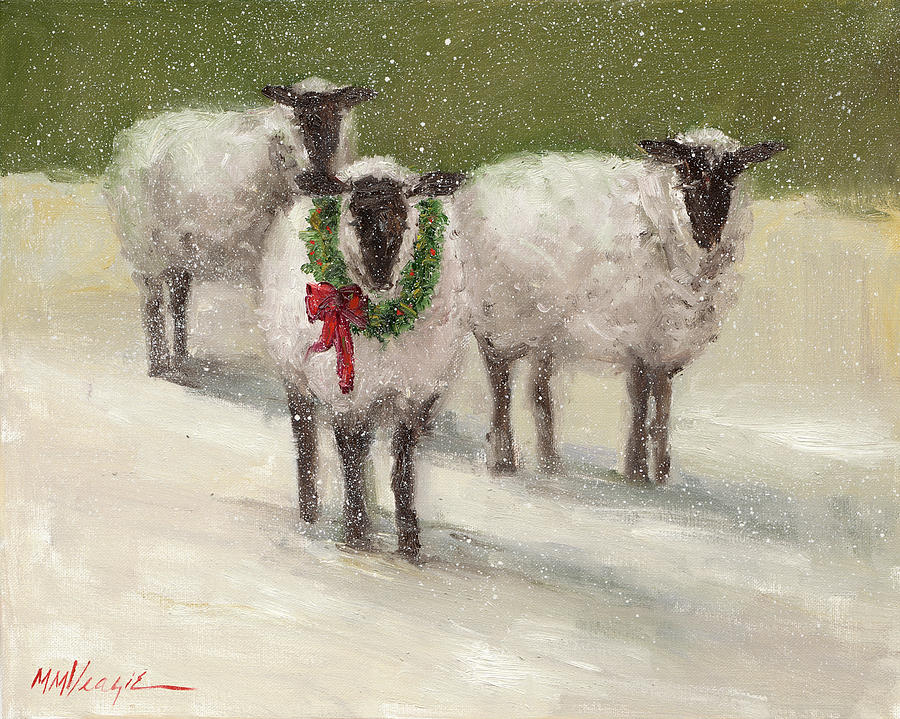 Christmas Painting - Lambs With Wreath by Mary Miller Veazie