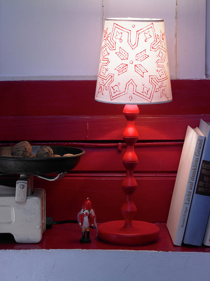 Christmas Photograph - Lampshade Painted With Red Snowflake Motif by Medri - Szczepaniak