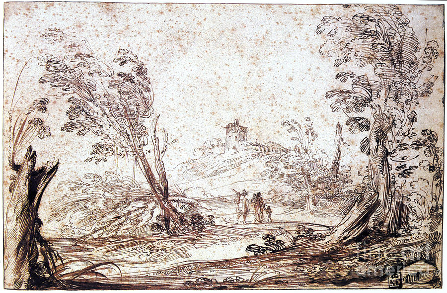 Landscape, 17th Century. Artist Guercino Drawing by Print Collector