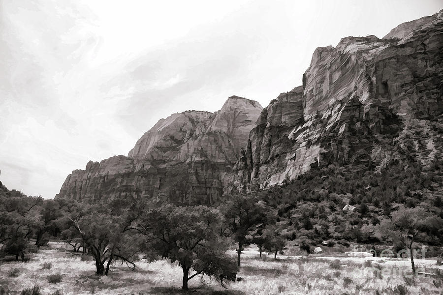 Landscape BW Zion National Park Utah  Digital Art by Chuck Kuhn