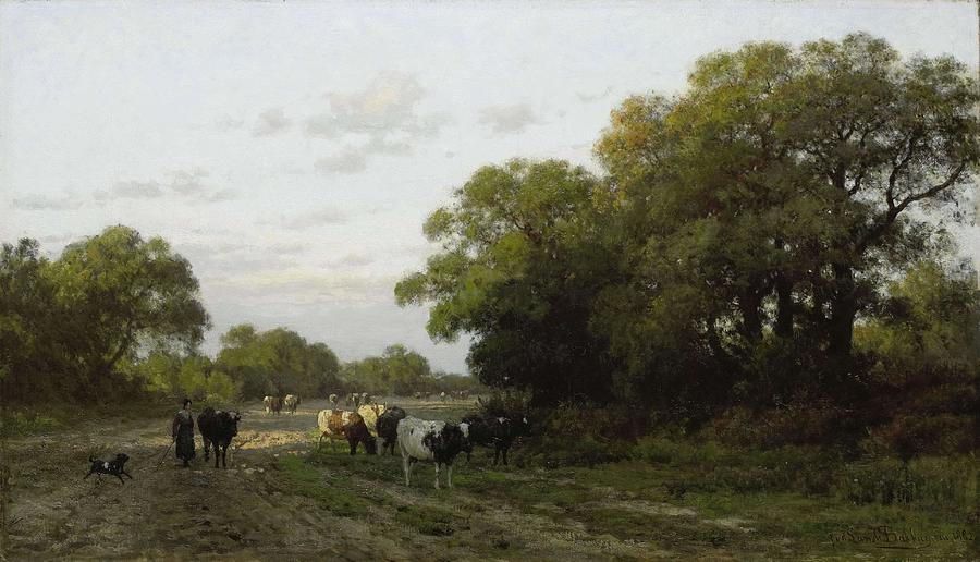 Landscape in Drenthe. Painting by Julius Jacobus van de Sande Bakhuyzen -1835-1925-
