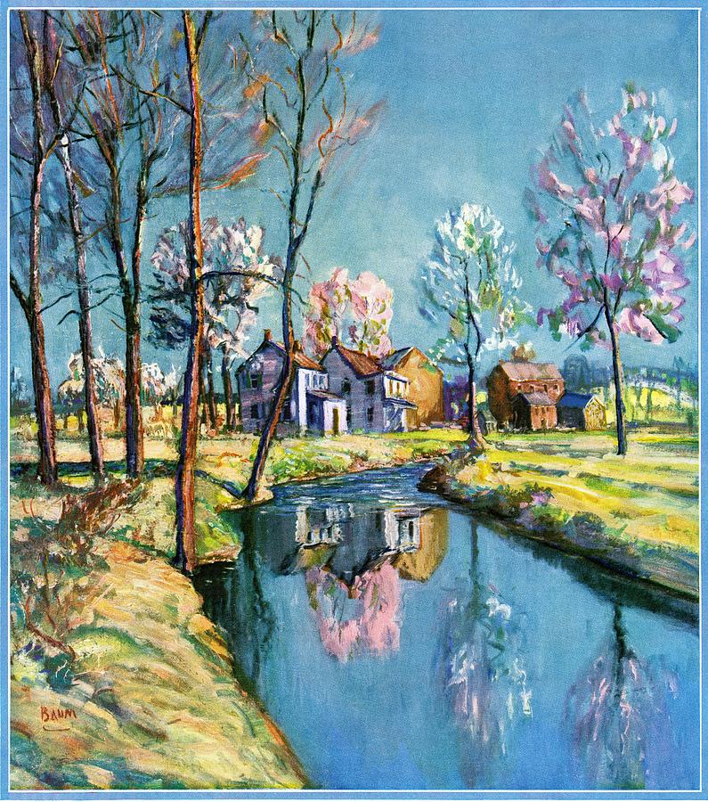 Landscape Of Farm In Spring Drawing by Walter Baum