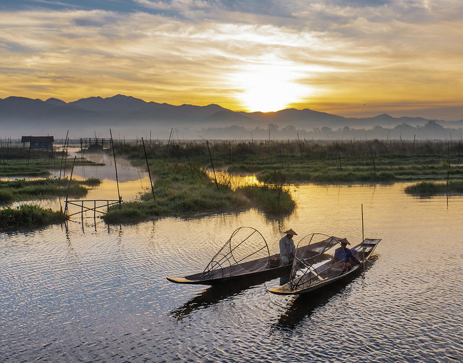 landscape of sunrise on Lake Inle, Myanmar Photograph by Ann Moore