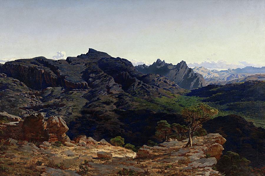 Landscape of the Sierra de las Agujas, as seen from the Caball-Vernat Ri... Painting by Antonio Munoz Degrain -1840-1924-
