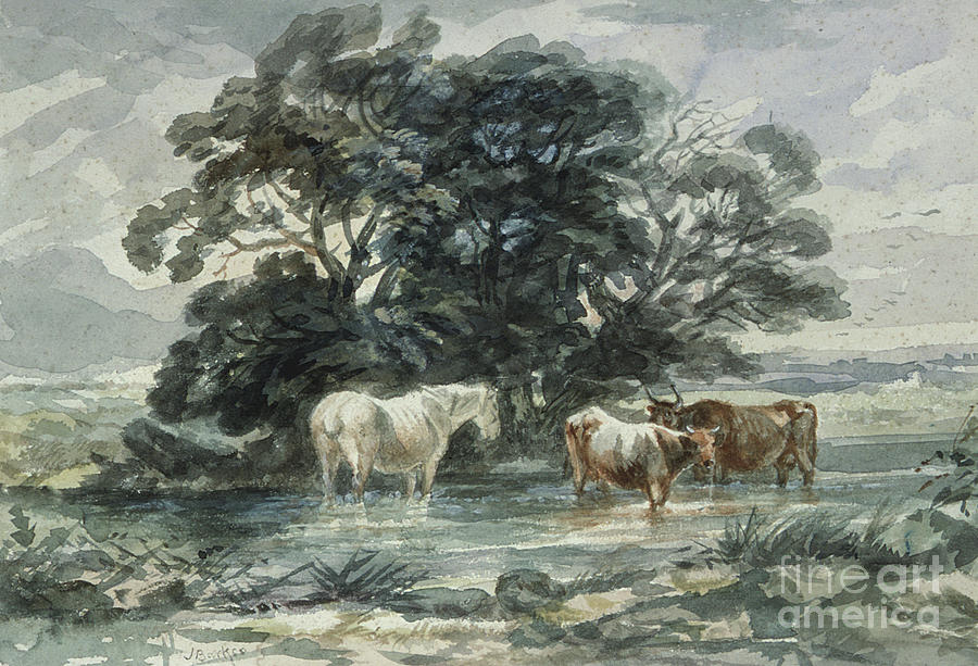 Tree Painting - Landscape, two cows and a horse standing in water by John Barker
