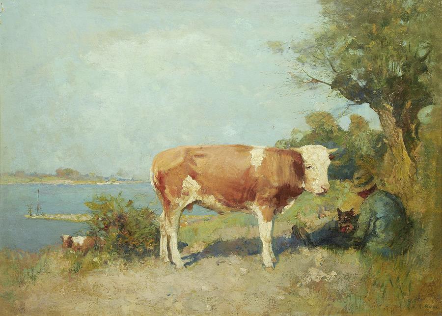 Tree Painting - Landscape With A Cow And A Herdsman Resting by Gari Melchers