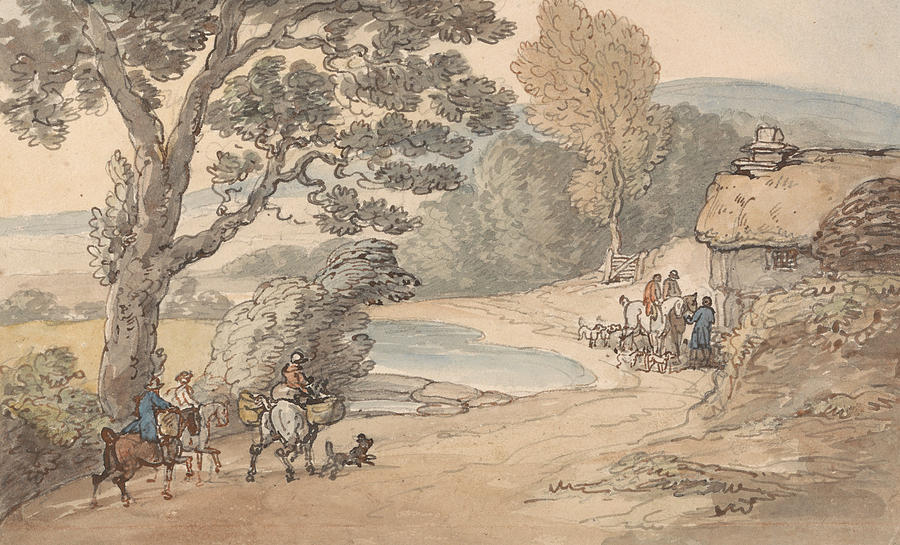 Landscape with a Hunting Party Drawing by Thomas Rowlandson