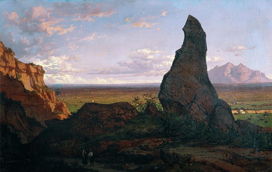 Landscape with a Prominent Rock, ca. 1852, Spanish School, Oil on can... Painting by Lluis Rigalt i Farriols -1814-1894-